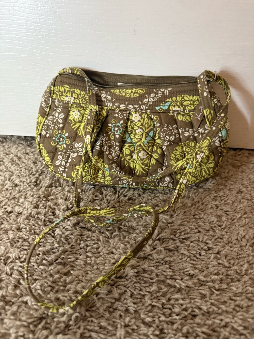 Vera Bradley Brown Quilted Crossbody with Green Floral Print
